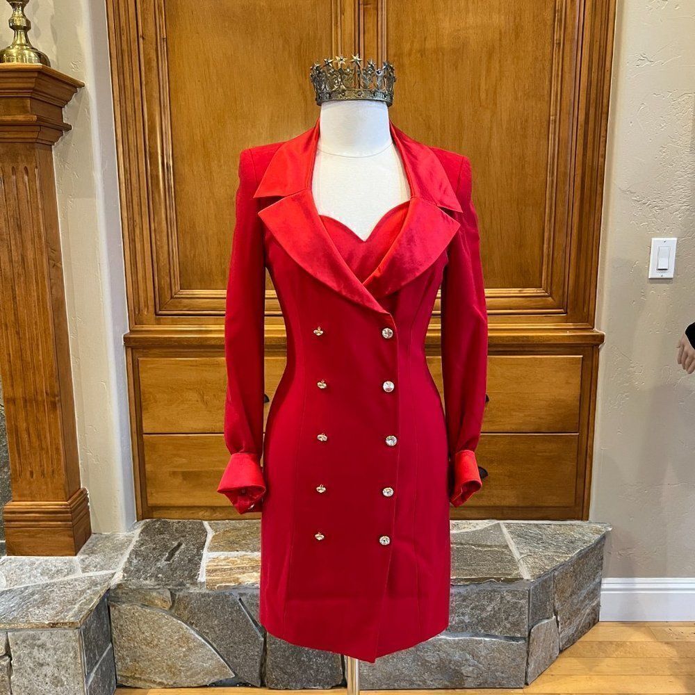 Vintage Escada Couture Red Wool and Silk Dress With Rhinestone Buttons Size 36